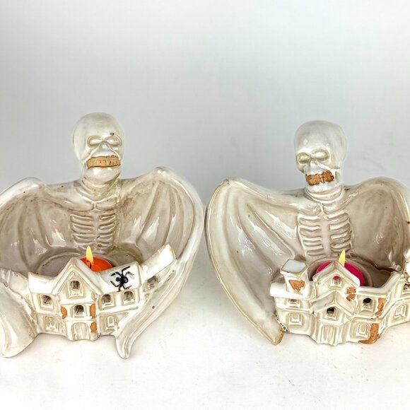 Vintage 1980 Ceramic Skeleton Haunted House Tea Light Candle Holders and candle - Picture 1 of 12